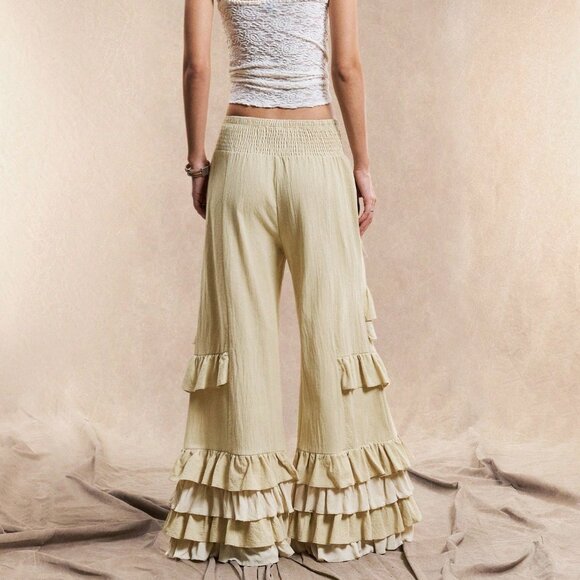 Apricot Boho Casual Women's Wide Leg High Waist Ruffled Pants - Picture 2 of 7